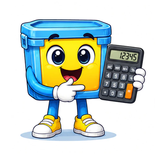 Smiling cartoon blue lunchbox character holding a calculator showing 12345