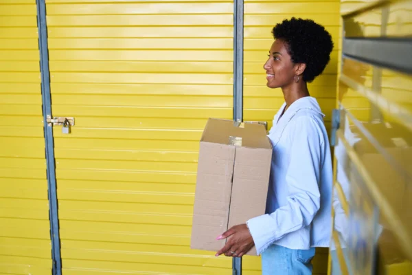 Woman with short curly hair in a light blue shirt carries a cardboard box in a yellow storage facility.
