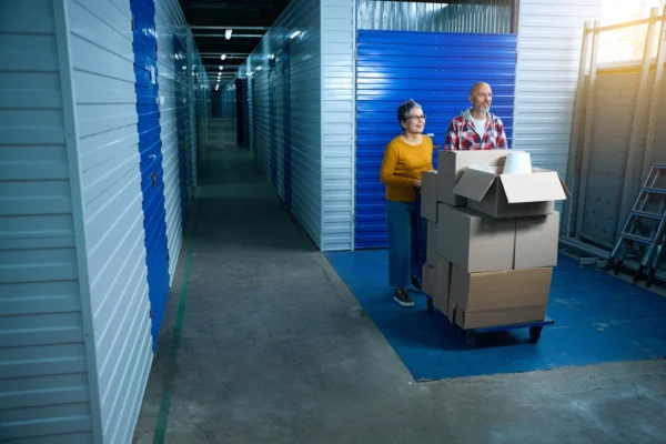Two people push a box-filled cart down a warehouse aisle lined with blue storage units.